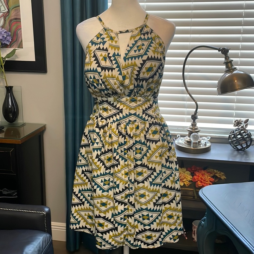 Bar III summer dress, southwestern pattern in turquoise, olive, black white